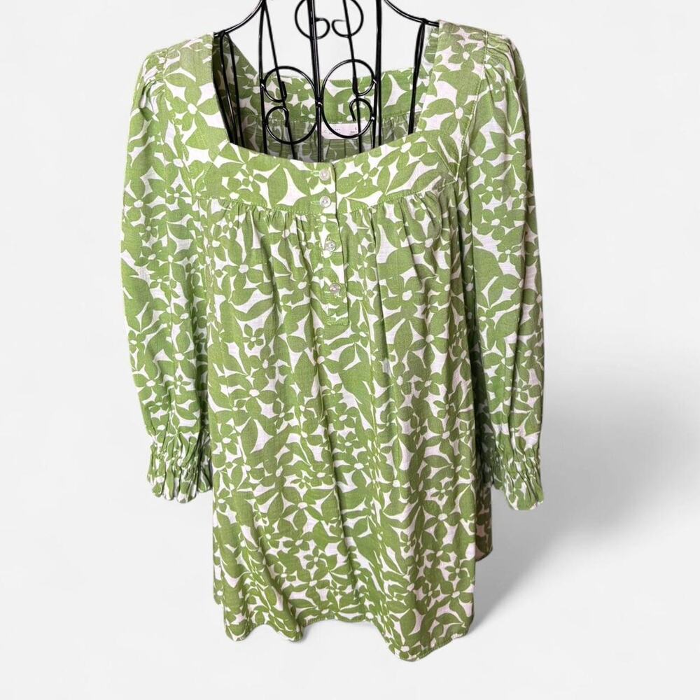 LC Lauren Conrad Green White Floral Square Neck Blouse Puff Sleeve Top Small